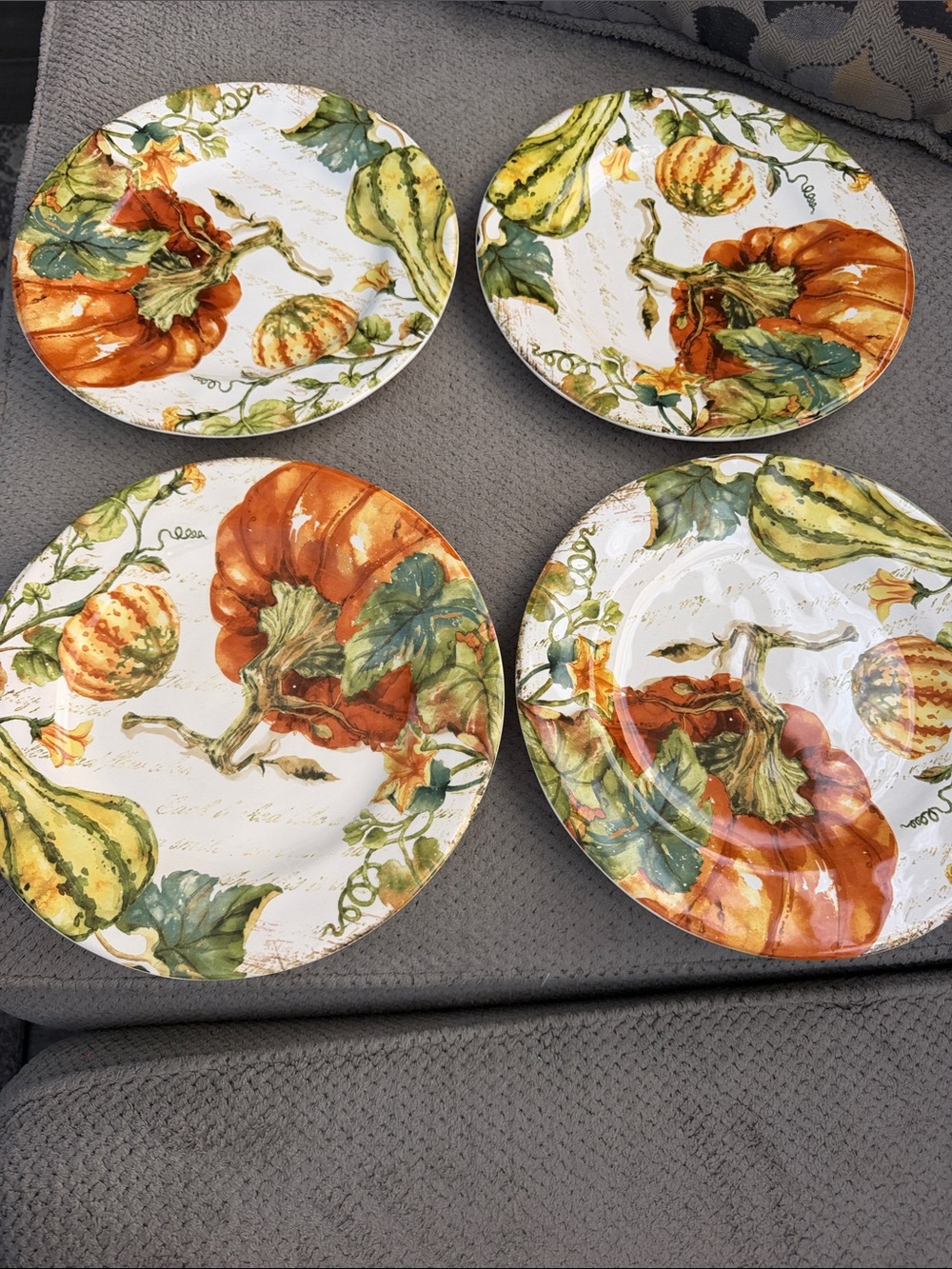 Pier 1 Autumn Pumpkin and Gourd Ceramic Dinner Plates - Orange & Green set of 4